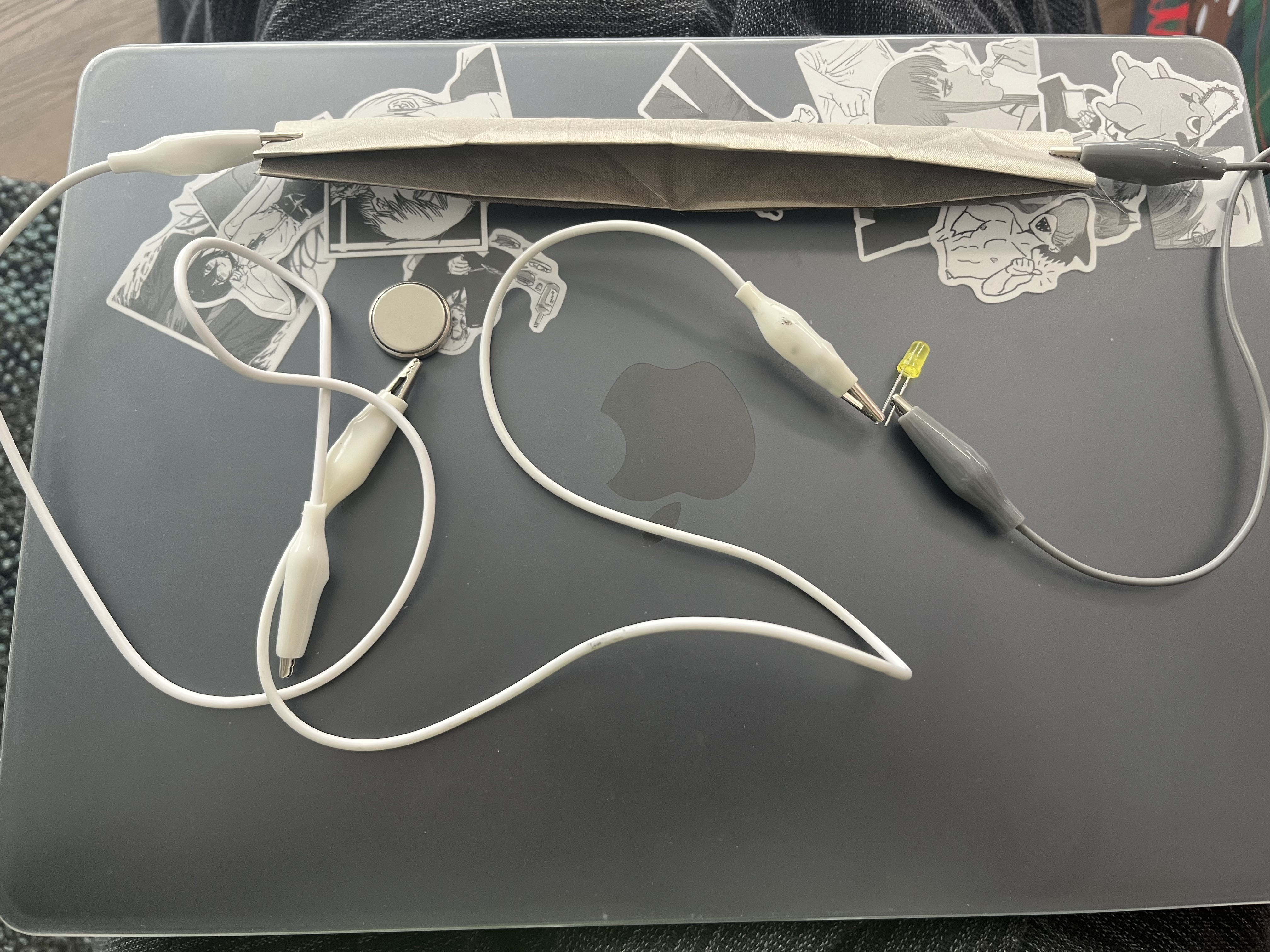 Testing circuit construction using alligator clips as connection points.