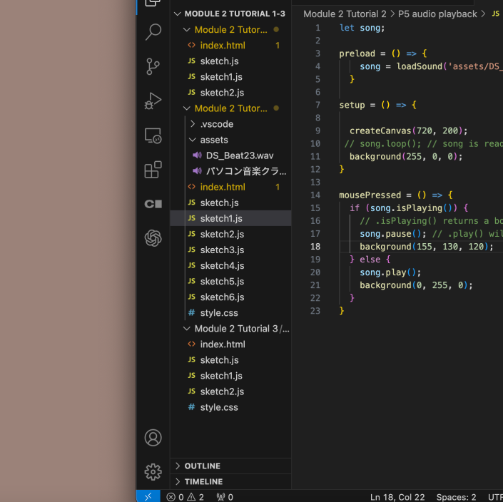 First sketch from second tutorial; entire interface functions as play/pause toggle.