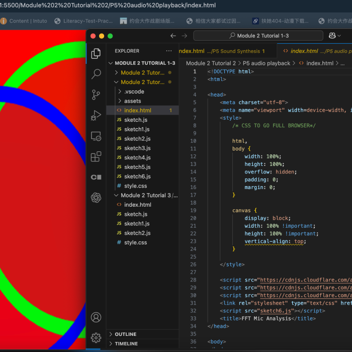 Responsive sketch with dynamic circular elements that change form based on audio interaction.